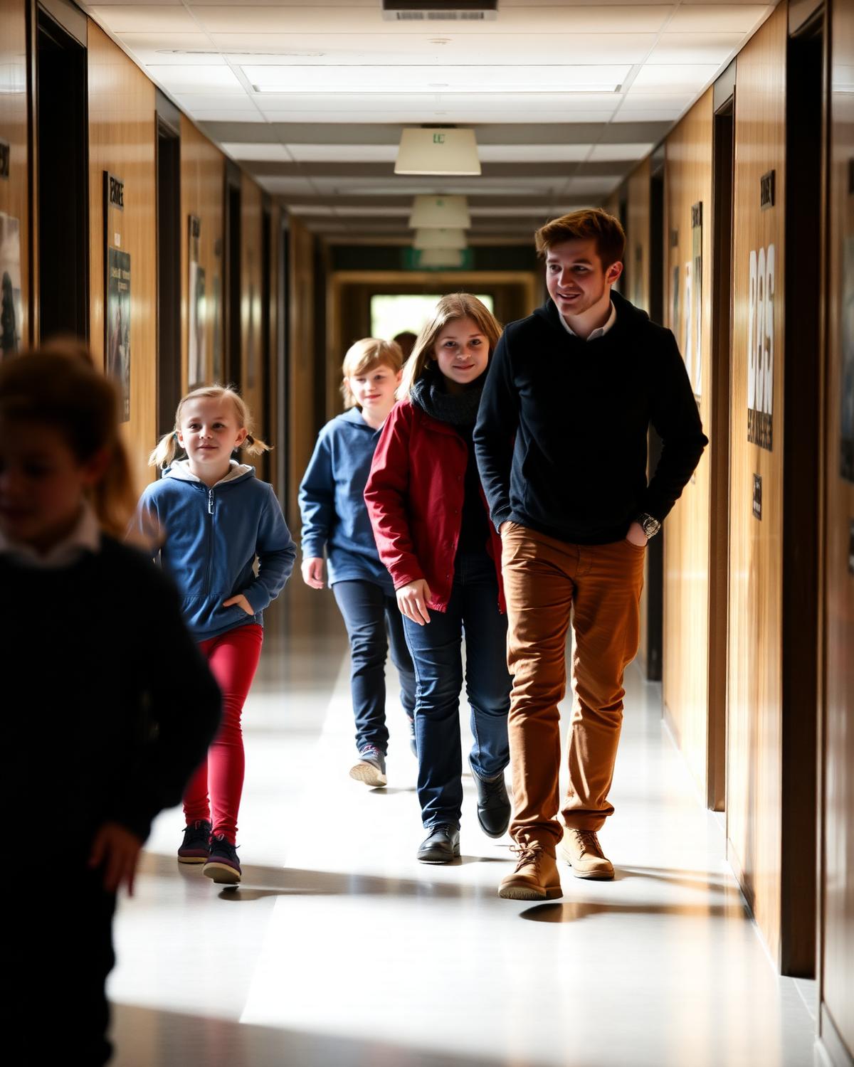 Leerlingen uit het po en vo lopen met hun coach door de school