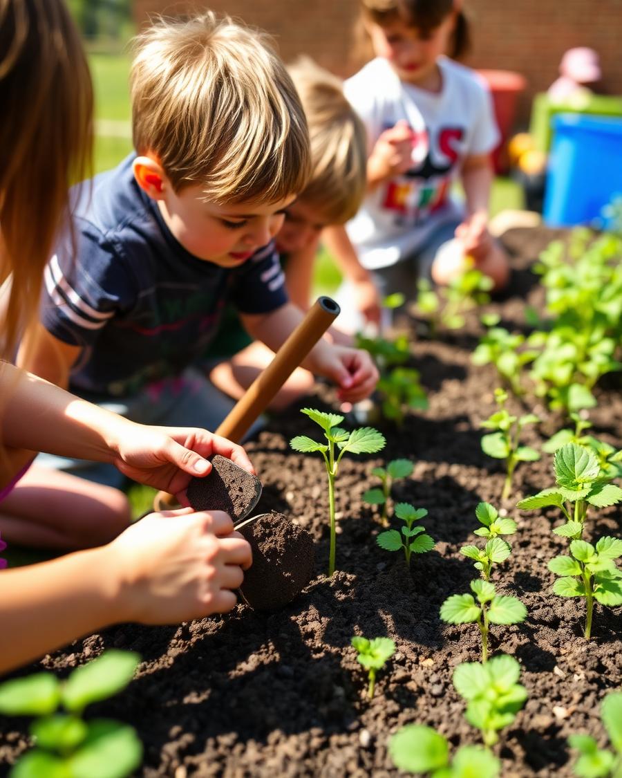 Leerlingen planten stekjes in de schooltuin